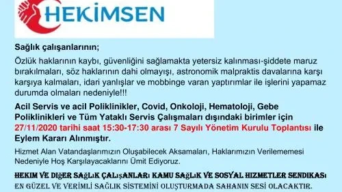 HEKİMSEN 27 Kasım 2020 Tarihinde Eylem Kararı Alınmıştır | HEKİMSEN