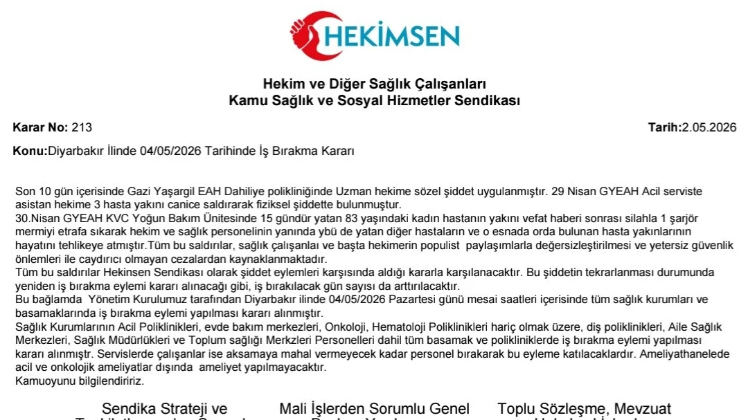 Diyarbakır İlinde 04/05/2026 Pazartesi Günü İş Bırakma Kararımız | HEKİMSEN