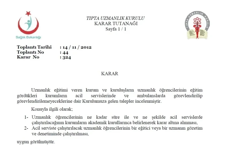 Asistan Hekimlerin Acil Servislerde Görevlendirilmesi Hakkında